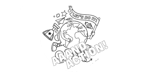 Logo der Auszeichnung „Aaand Action Wettbewerb“ – stilisierte Weltkugel mit Schriftzug.